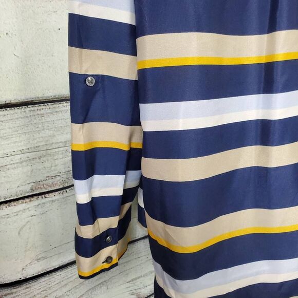 Ann Taylor Women’s Striped Button Front Blouse Navy Beige Yellow XL - Picture 5 of 9